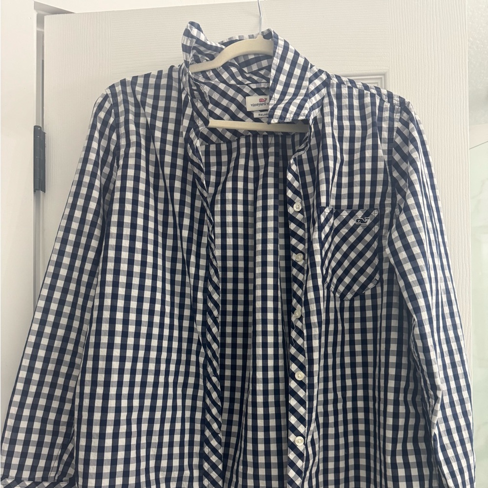 VINYARD Vines Blue and White Checkered gingham Button-Up Shirt size 8